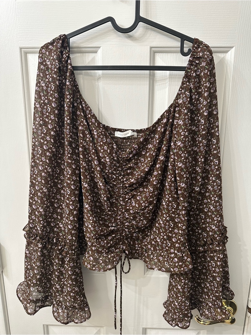 Altar'd State Top Brown Lavender Floral Drawstring Cropped Long Sleeve XL
